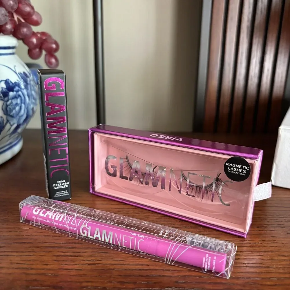 GLAMNETIC Virgo Magnetic Lashes + Pink Ruby Magnetic Liner + Mini Curler NIB